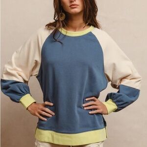 BiBi French Terry Color Block Top in Indigo/Lime
